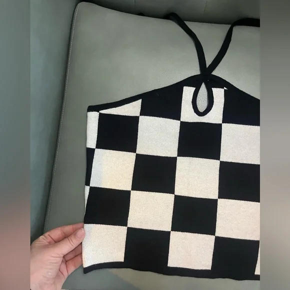 NWT Black and White Halter Checkered Top - Picture 2 of 7